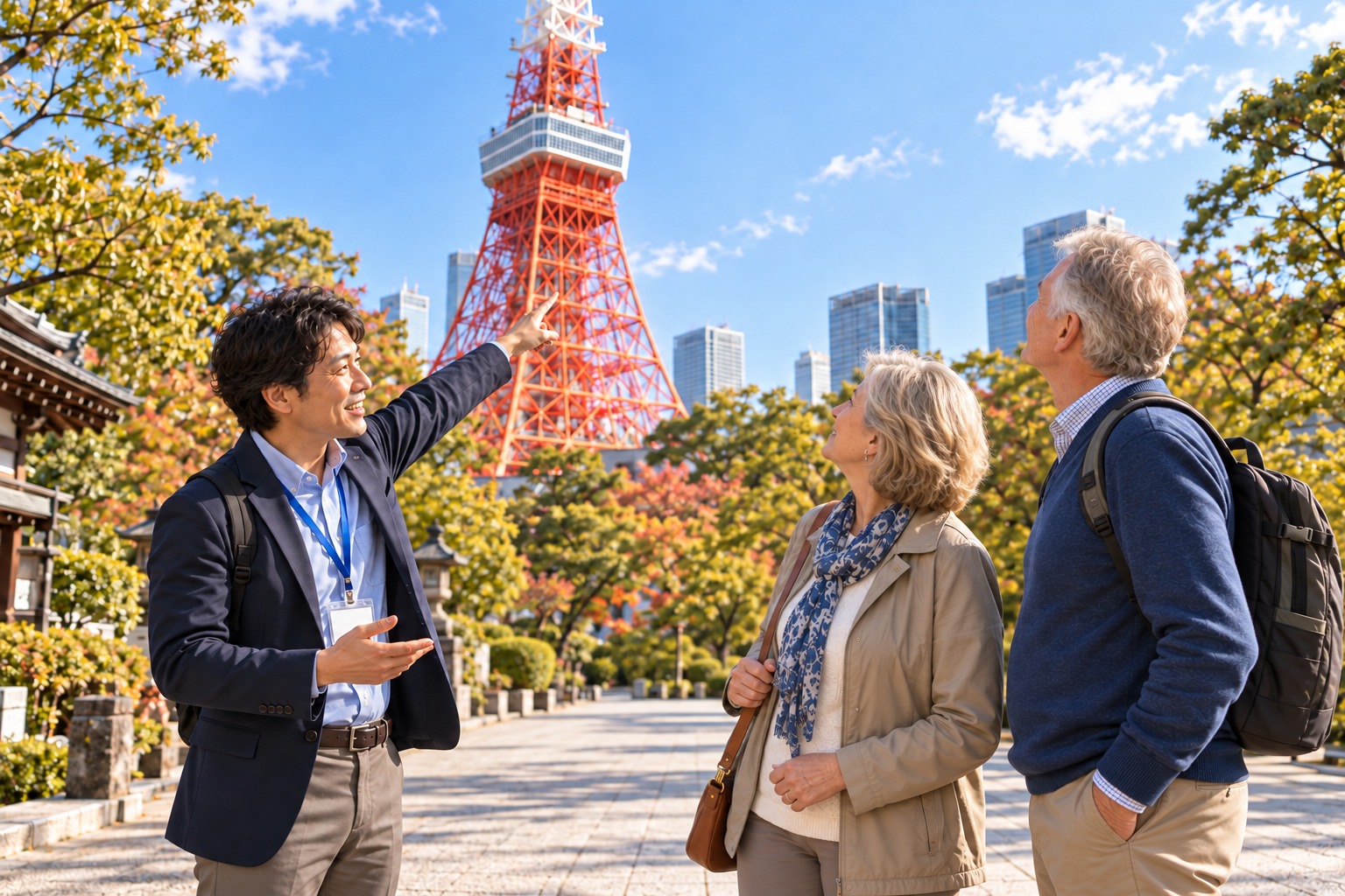 Illustration of a male guide pointing toward Tokyo Tower for an American senior couple